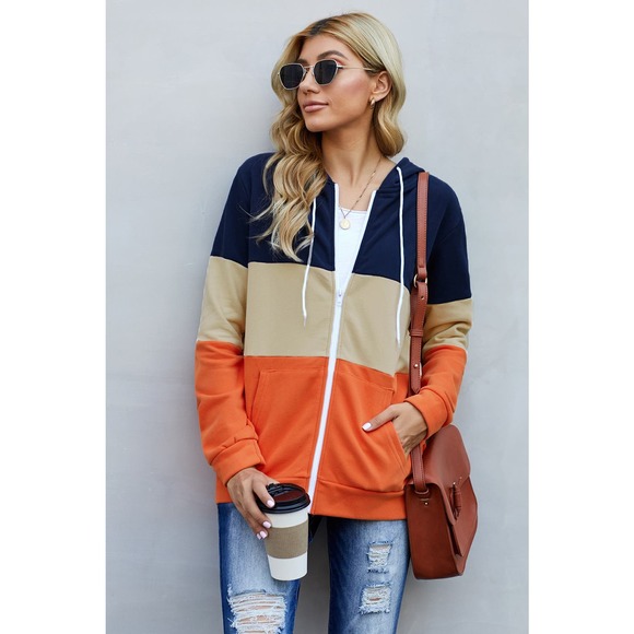 BLUE TAN ORANGE COLOR BLOCK FULL ZIP DRAWSTRING HOODIE SIZE 2XL 18-20 - Picture 5 of 11